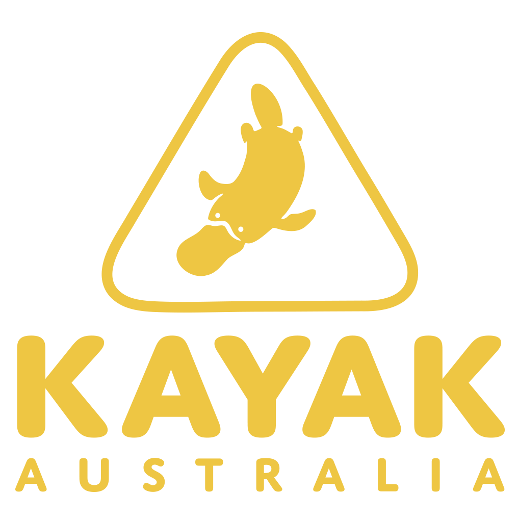 Kayak Australia Logo. A yellow triangular logo outline containing a stylised image of a Platypus.